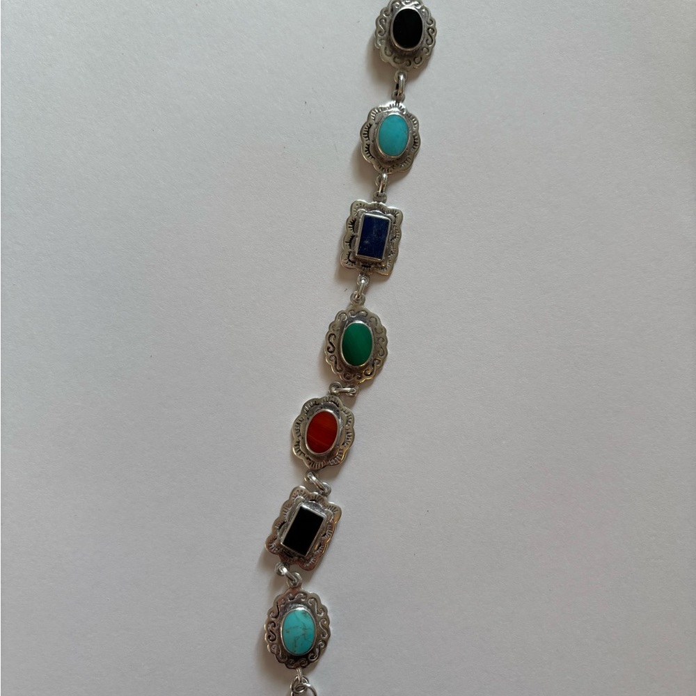 BOMA Sterling Silver 925 Vintage Frame Bezel Set Multi Stone Bracelet - 7.25"